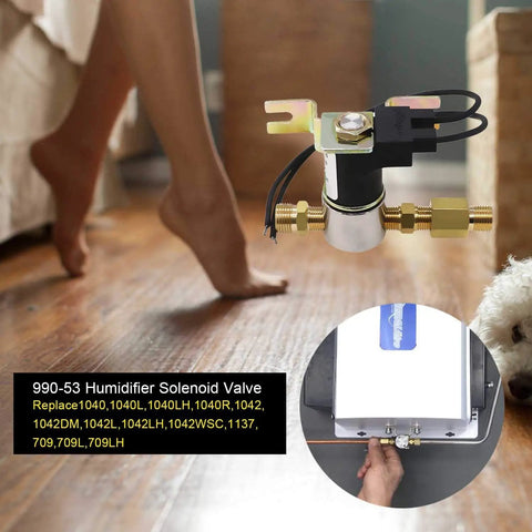 Universal 24 Volt Humidifier Solenoid Valve Assembly Replacement For GeneralAire Humidifiers displayed on wood floor.