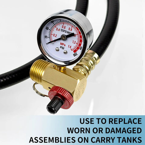 Air Tank Valve Kit With Safety Manifold And 0-200 PSI Gauge, 4 Ft Air Hose, Thread Seal Tape, Grab-and-Go Portable Tank Repair Set, 3 Piece Easy Fix For Quick Leaks And Maintenance. Brass gauge and valve for carry tanks.