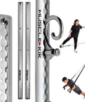 Kickass Aluminum Wall Mounted Fitness Anchor Platform For Heavy Lifting And Muscle Sculpting Adjustable Home Gym Rig With Legit 300 Pound Capacity And Super Quick Install with dual silver mounts and users demonstrating exercises.