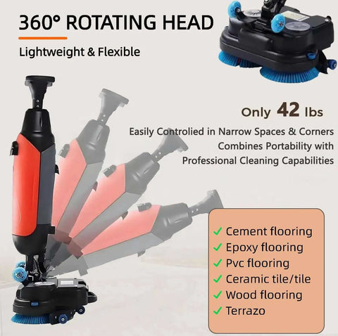 Cordless 18 Inch Walk Behind Floor Scrubber With Dual Brushes, 120 Minute Battery Power, 360 Degree Rotating Head, Industrial Grade Floor Cleaner For Tile Concrete Epoxy, Red Beast shown with dual brushes and rotating head.