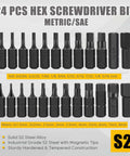 24-piece screwdriver bit set, S2 steel, 1" bits with 1/4" hex shanks and holder; includes hex, Torx, Phillips, slotted, square (Metric/SAE).
