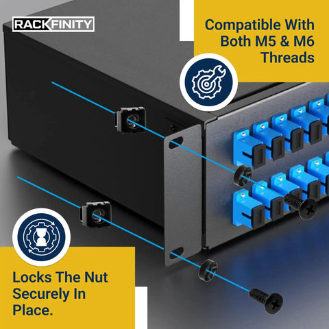 Top Shelf Heavy Duty Black 10-32 Cage Nuts Bulk Pack For Server Rack And Telecom Equipment Snap In Mounting Hardware No Sweat Rack Setup Gear 100 Count, showing nut locking system.