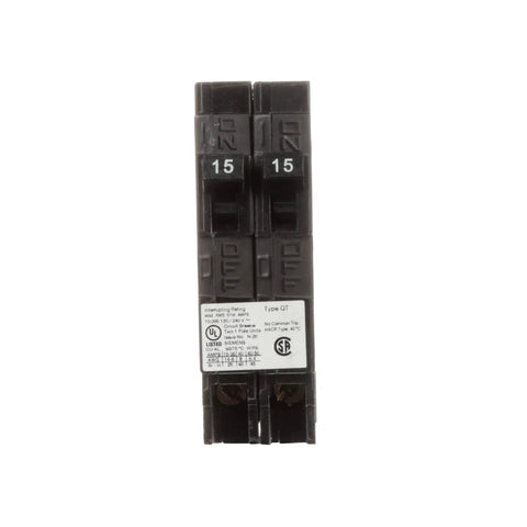 Two 15 Amp Single Pole 120 Volt Non Current Limiting Circuit Breaker Plug In Type with Twin Half Inch Frame, front view.