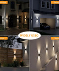Hella Bright Solar Wall Light Outdoor Featuring Slick Up And Down Lighting Three Adjustable Color Modes Dusk To Dawn Auto Sensor IP67 Top Shelf Weatherproofing For Porch Yard Two Pack shown in outdoor settings including porch, garage, fence, and stairs.