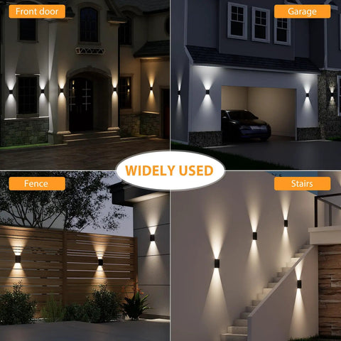 Hella Bright Solar Wall Light Outdoor Featuring Slick Up And Down Lighting Three Adjustable Color Modes Dusk To Dawn Auto Sensor IP67 Top Shelf Weatherproofing For Porch Yard Two Pack shown in outdoor settings including porch, garage, fence, and stairs.