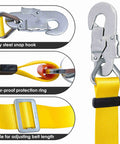 Close-up of yellow hunting safety belt with adjustable lanyard, alloy steel snap hook, wear-proof ring, and buckle for tree climbing.
