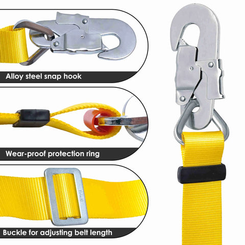 Close-up of yellow hunting safety belt with adjustable lanyard, alloy steel snap hook, wear-proof ring, and buckle for tree climbing.