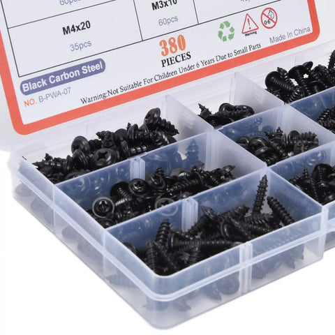 380 Pcs Self Tapping Screws Kit With Washer, Black Carbon Steel, sizes M3 to M5 in a plastic organizer box
