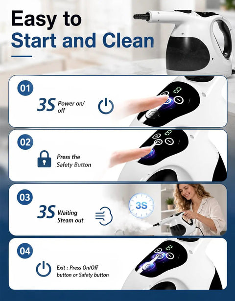 Lightweight Handheld Steam Cleaner With 400Ml Tank And Safety Lock showing easy operation steps and steam release.