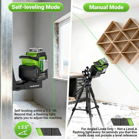 Top Notch Upgraded 360 Degree Laser Level With Electric Fine Adjustment Rotating Base Remote Control Rechargeable Self Leveling High Accuracy 1/13 Inch Pulse Mode For Precise DIY And Pro Projects in self-leveling and manual mode, showing its use in interior construction settings.
