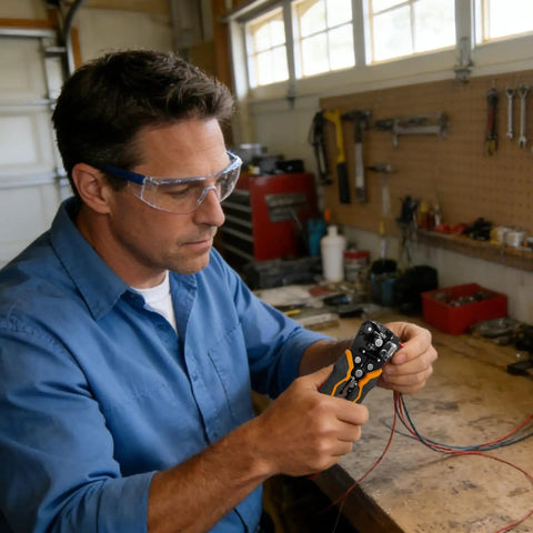 Man using Heavy Duty 3 In 1 Wire Stripper Cutter Crimping Tool Self Adjusting Jaw For 10-24 AWG in workshop