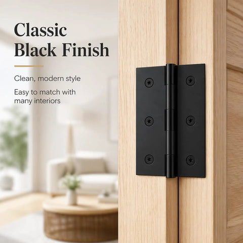 2.5 Inch Matte Black Door Hinges 6 Pack With Solid Steel Build, Square Corner on wooden interior door