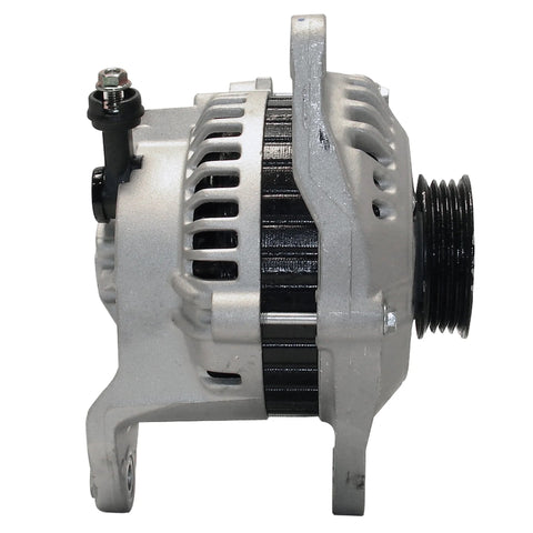 ACDelco Gold 334-1574 alternator, side view, silver housing with black pulley and mounting bracket