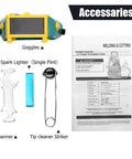 Top Shelf Oxygen Acetylene Torch Kit With Dual Gas Tanks Portable Welding Cutting And Brazing Rig Featuring Pro Specs Regulators accessories including goggles, spark lighter, spanner, and manual.