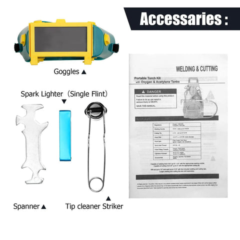 Top Shelf Oxygen Acetylene Torch Kit With Dual Gas Tanks Portable Welding Cutting And Brazing Rig Featuring Pro Specs Regulators accessories including goggles, spark lighter, spanner, and manual.