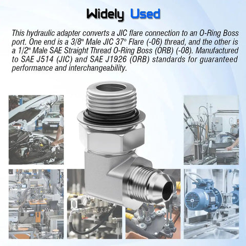 3/8 Inch Male JIC 37 Degree Flare To 1/2 Inch Male SAE ORB 90 Degree Elbow Hydraulic Adapter Twin Pack For Heavy Duty Fluid Lines SAE J514 J1926 Compatible Durable Port Fittings in silver