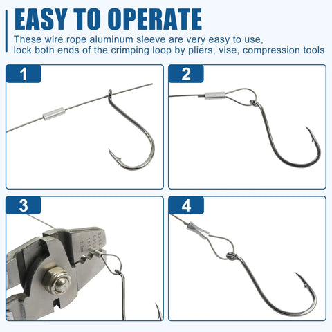 600 Piece Aluminum Fishing Crimp Sleeves Kit With 1mm To 2mm Sizes, step-by-step rigging instructions for easy hook setup.