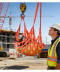 Heavy Duty Tear Resistant Cargo Lifting Net Square Nylon Sling For Trucks And Warehouses With Sturdy Lifting Rings lifting equipment in use on construction site.