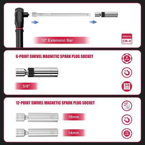 Spark Plug Socket Set With Three Eighths Drive Torque Wrench Magnetic Sockets Twelve Point 14mm 16mm And Six Point Swivel Five Eighths Inch Ten Inch Extension Bar Built For Auto Maintenance And Quick Repairs, CR-V steel