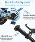 Close-up of the 16 Inch Kids Bike For Boys And Girls with dual brake system, showing coaster brake and hand brake details.