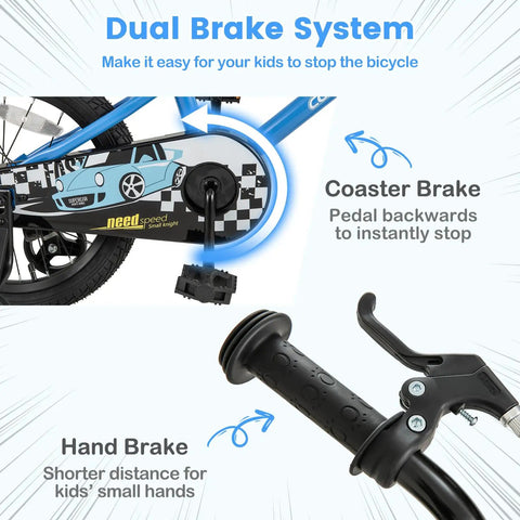 Close-up of the 16 Inch Kids Bike For Boys And Girls with dual brake system, showing coaster brake and hand brake details.