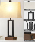 Set Of 2 Modern Bedside Lamps With USB Ports And AC Outlet 23.5 Inch Tall Wood Base With Linen Shade Double Pack LED.
