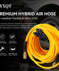 Heavy Duty 3/8 Inch By 100 Ft Hybrid Air Hose Delivering 300 Psi With Kink Resistant Build And All Weather Flexibility Including Solid 1/4 Inch Fittings For Your Badass Shop Setup And Weekend Grind coiled in hands, suitable for pneumatic tools.