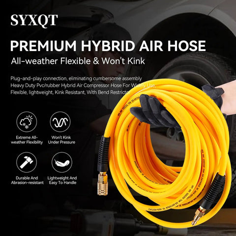 Heavy Duty 3/8 Inch By 100 Ft Hybrid Air Hose Delivering 300 Psi With Kink Resistant Build And All Weather Flexibility Including Solid 1/4 Inch Fittings For Your Badass Shop Setup And Weekend Grind coiled in hands, suitable for pneumatic tools.