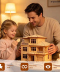 Father and daughter assembling a 3D Wooden Villa Puzzle Model Kit For Adults, DIY Home Office Decor.