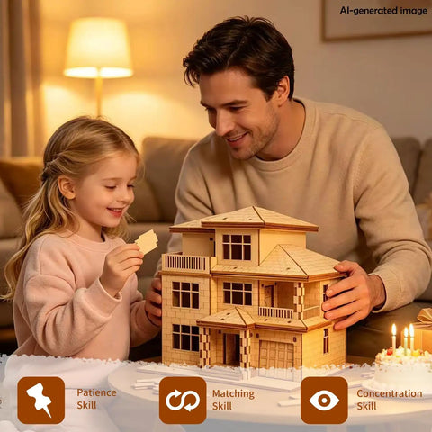Father and daughter assembling a 3D Wooden Villa Puzzle Model Kit For Adults, DIY Home Office Decor.
