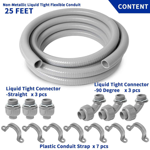 Flexible Liquid Tight PVC Electrical Conduit Kit 1 Inch Diameter, 25 Feet Length, Non Metallic Grey, Includes 3 Couplings, 3 Elbows, 7 Straps for Outdoor Wiring, Weatherproof, Easy Pull