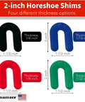 Glazelock plastic horseshoe shims in four colors: black, blue, red, green; thickness options 1/4, 1/8, 1/16, 1/32 in; U-shaped leveling spacers