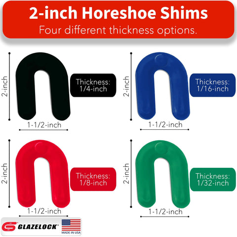 Glazelock plastic horseshoe shims in four colors: black, blue, red, green; thickness options 1/4, 1/8, 1/16, 1/32 in; U-shaped leveling spacers
