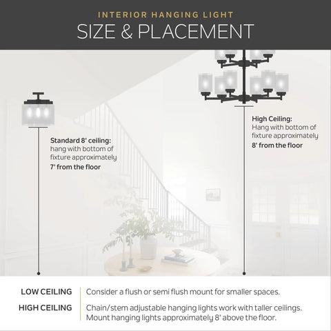 Diagram showing size and placement for low and high ceilings with hanging lights, illustrating ceiling height recommendations.