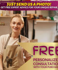 Smiling woman in workshop offering free personalized consultation for leather and vinyl repair kit purchases.