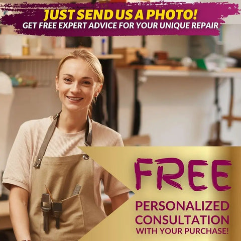 Smiling woman in workshop offering free personalized consultation for leather and vinyl repair kit purchases.