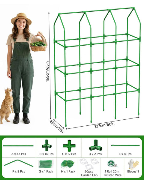65 Inch Outdoor Cucumber Trellis For Climbing Plants with netting, shown with assembly pieces displayed, woman and cat for scale