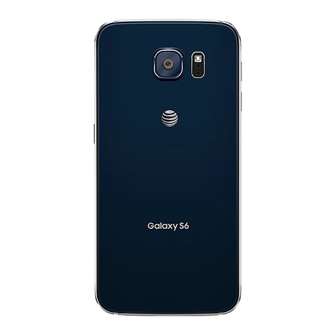 Slick Galaxy S6 Smartphone In Black Sapphire With 32GB Storage And Verizon Wireless Coverage showing sleek back design and camera.