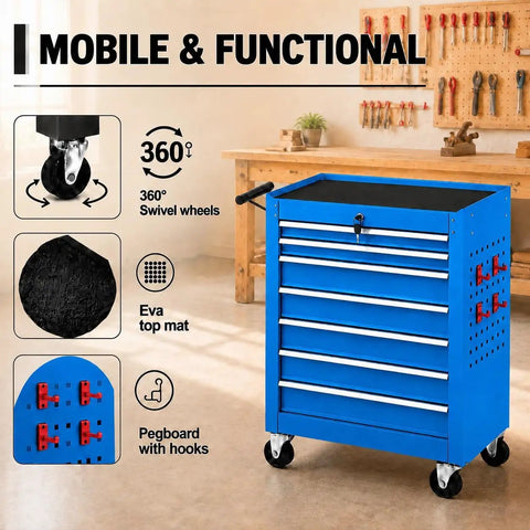 Gangster Tough Rolling Tool Chest With Seven Drawers Lockable Metal Tool Cart For Garage Setup featuring 360 swivel wheels and EVA top mat.