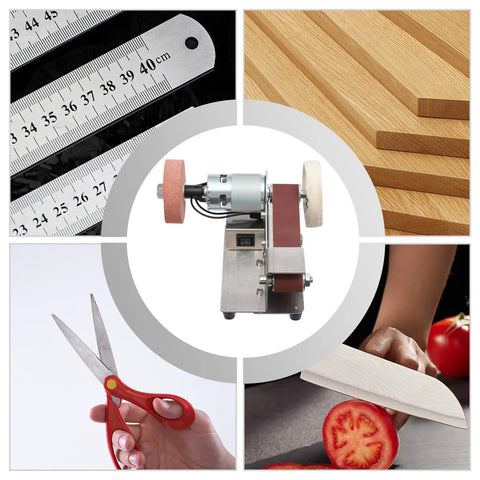 No Hassle Workhorse Mini Belt Sander And Knife Sharpener With Seven Variable Speeds And 150 Watt Copper Motor For Clean Wood Metal Grinding Quick Hobby Buffing, showing compact design and tool setup.