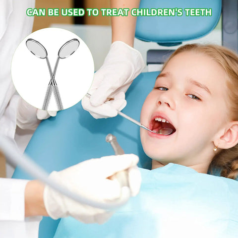 Stainless Steel Dental Mirror With Handle 6.5 Inch Angled 45 Degree in use during child's dental examination, pack of 2