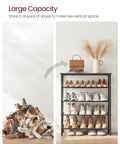 Solid Multi Tier Shoe Rack Storage Organizer holds twelve to sixteen pairs with reinforced steel frame, durable fabric shelves.