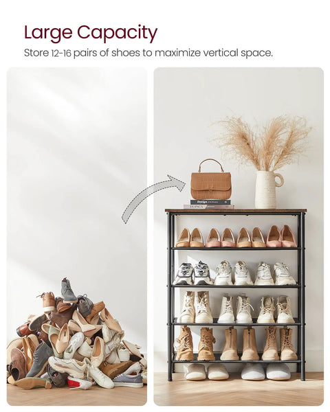 Solid Multi Tier Shoe Rack Storage Organizer holds twelve to sixteen pairs with reinforced steel frame, durable fabric shelves.