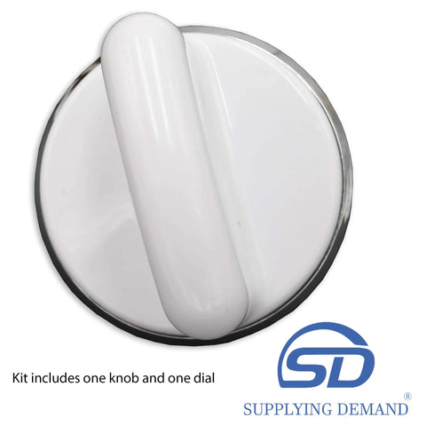 White washer control knob with clip and timer dial plate replacement kit for clothes washers, two inch knob diameter.