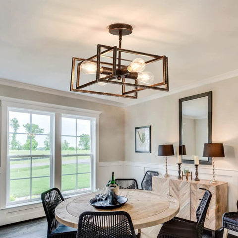 4 Light Close To Ceiling Bronze Industrial Flush Mount Chandelier Fixture illuminating dining room with vintage vibe