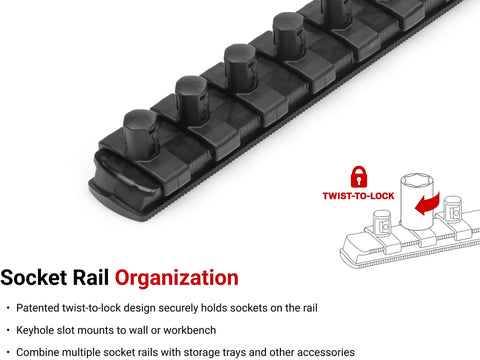 Close-up of socket rail with twist-to-lock feature for Three Eighth Inch Drive Deep Six Point Socket Set 34 Piece