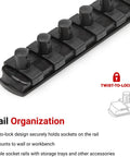 Thirteen Inch Socket Rail For Three Eighths Inch Drive Twist To Lock Sockets Lock Into Tray With Keyhole Slot And Release Button Heavy Duty Clip Organizer Grab And Go Ready For Loose Or Secured Sockets In The Workshop Or Garage.