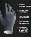 Kick Ass Heavy Duty Nitrile Work Gloves Chemical Resistant Disposable Black Rubber With Textured Grip Six Mil Thick Dual Layer Latex Powder Free Trade Ready Protective Shield For Pros Pack Of 100 Large, showing a single glove.