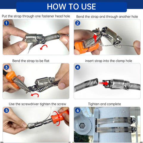 Stainless steel hose clamp kit with metal strap and fasteners; step-by-step installation guide panels.