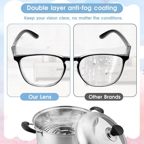 Comparison of 12 Pack Pro Grade Anti Fog Safety Glasses With Side Shields For Lab Work And Nursing; clear lens vs foggy lens.